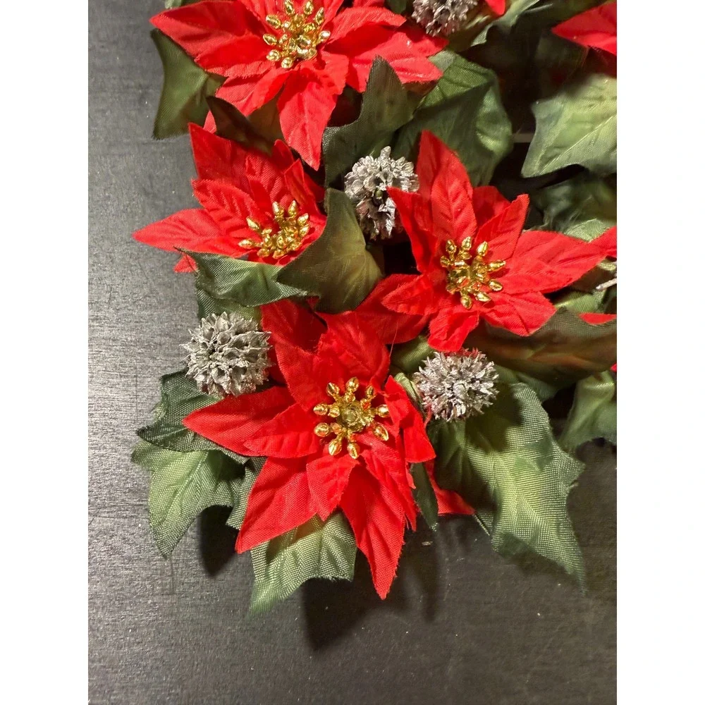 Vintage Christmas Poinsettia Candle Rings Red Silk Floral Silver Pinecones Set 4